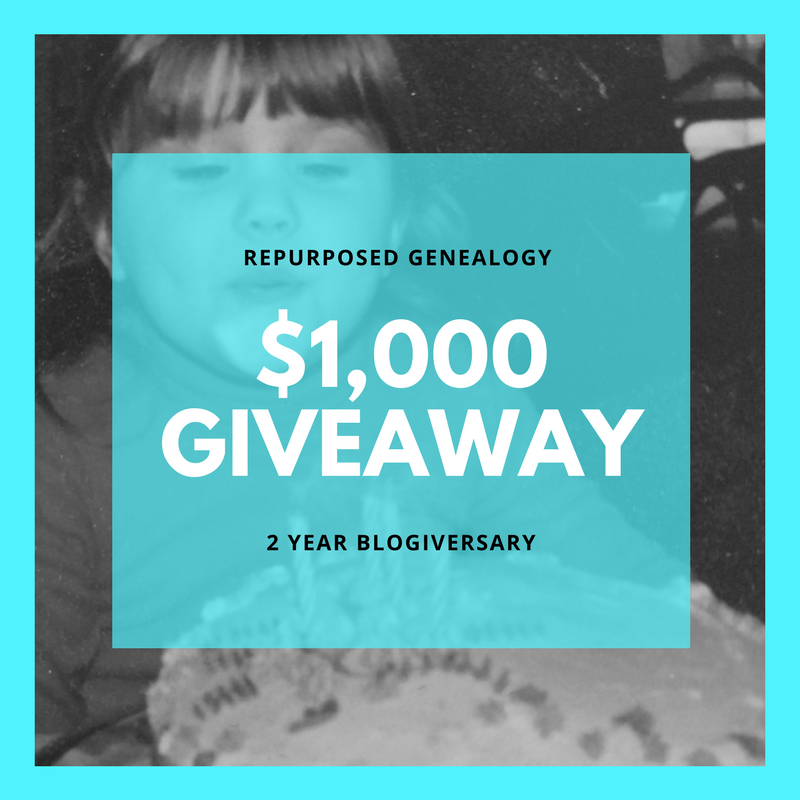 Repurposed Genealogy Blogiversary $1000 in prizes giveaway